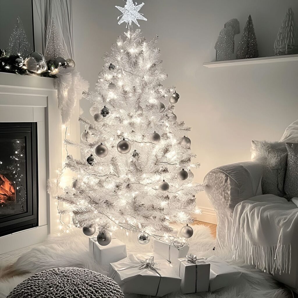 19. Glowing Silver & White Tree with Reflective Ornaments