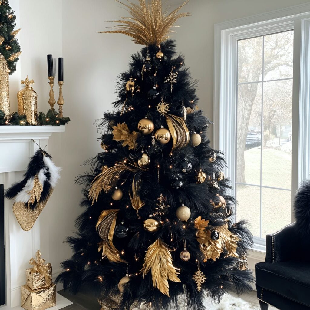 16. Gold & Black Glam Tree with Feathers for Drama