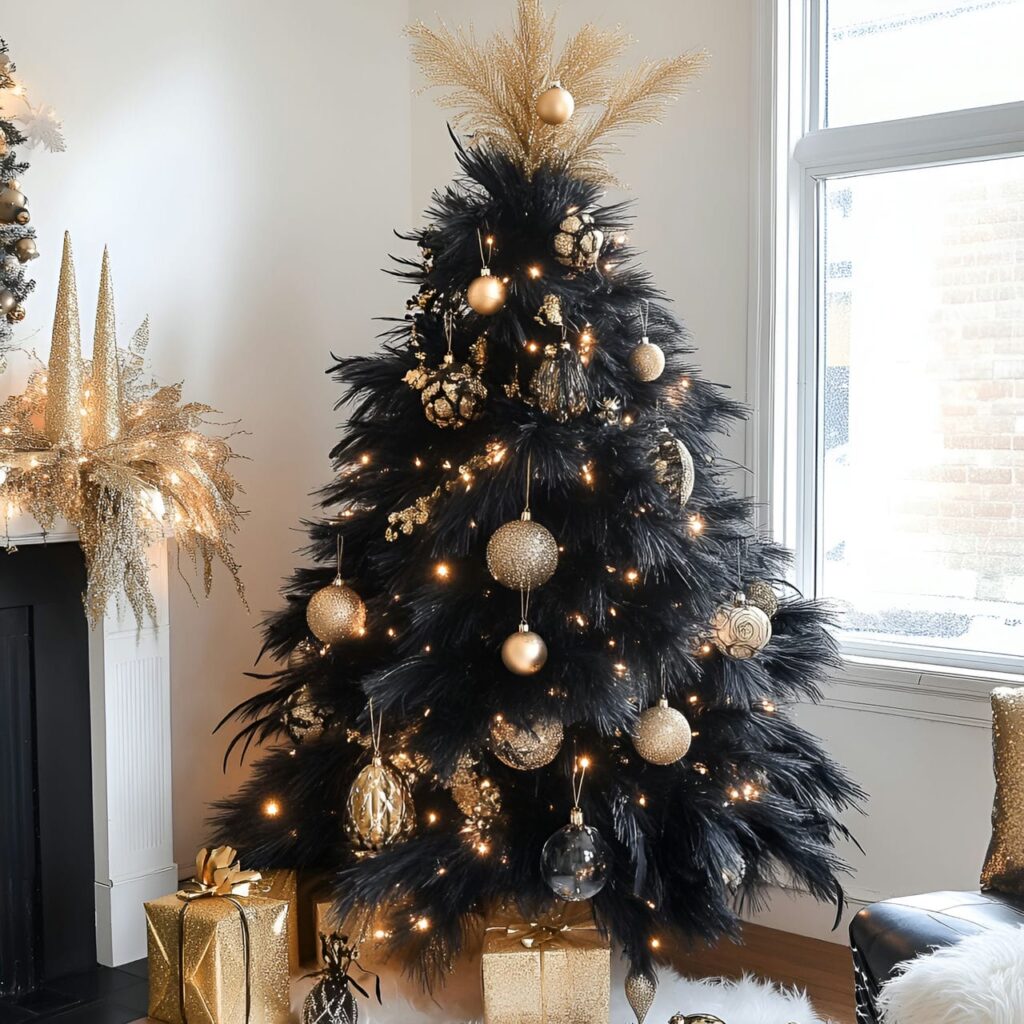 16. Gold & Black Glam Tree with Feathers for Drama