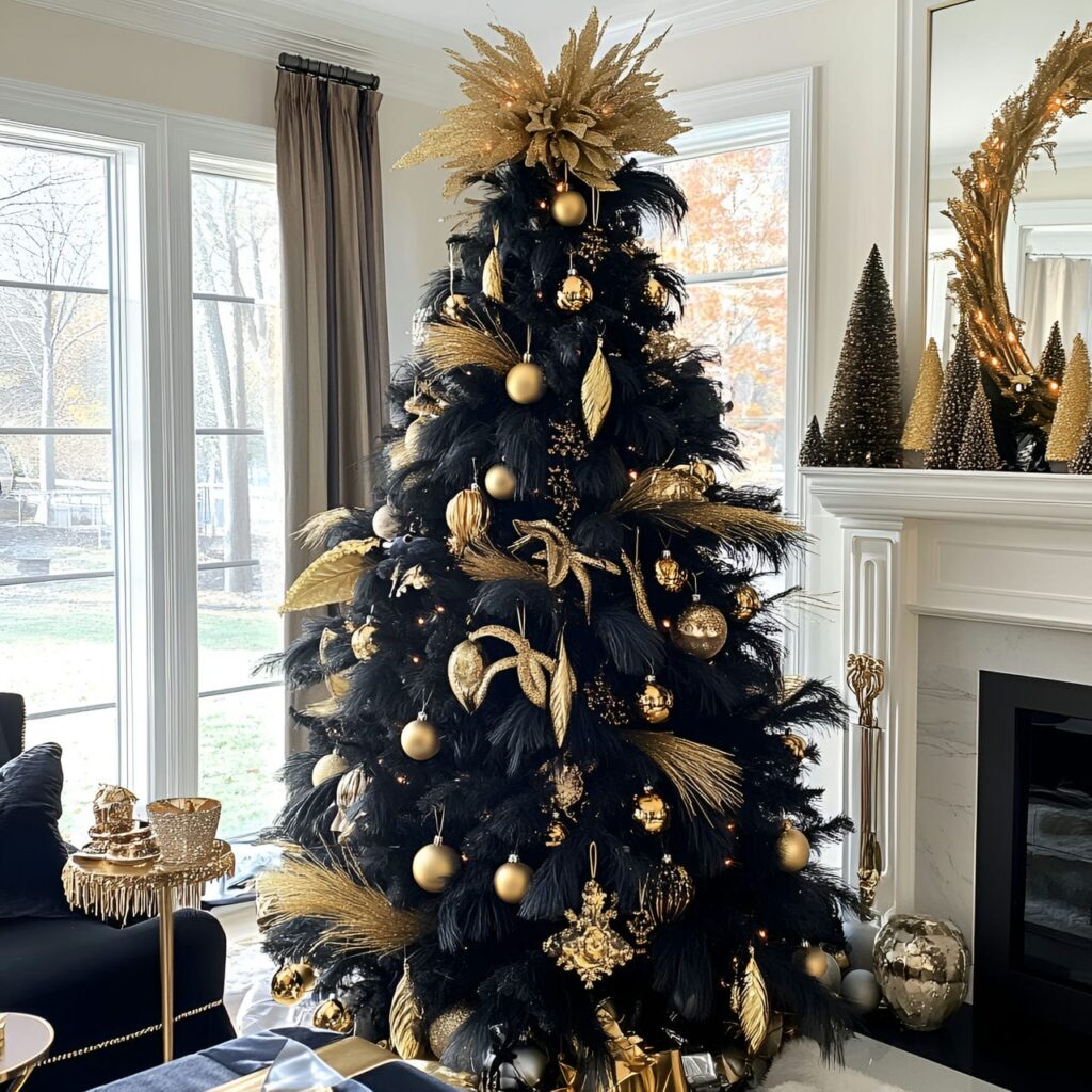 16. Gold & Black Glam Tree with Feathers for Drama