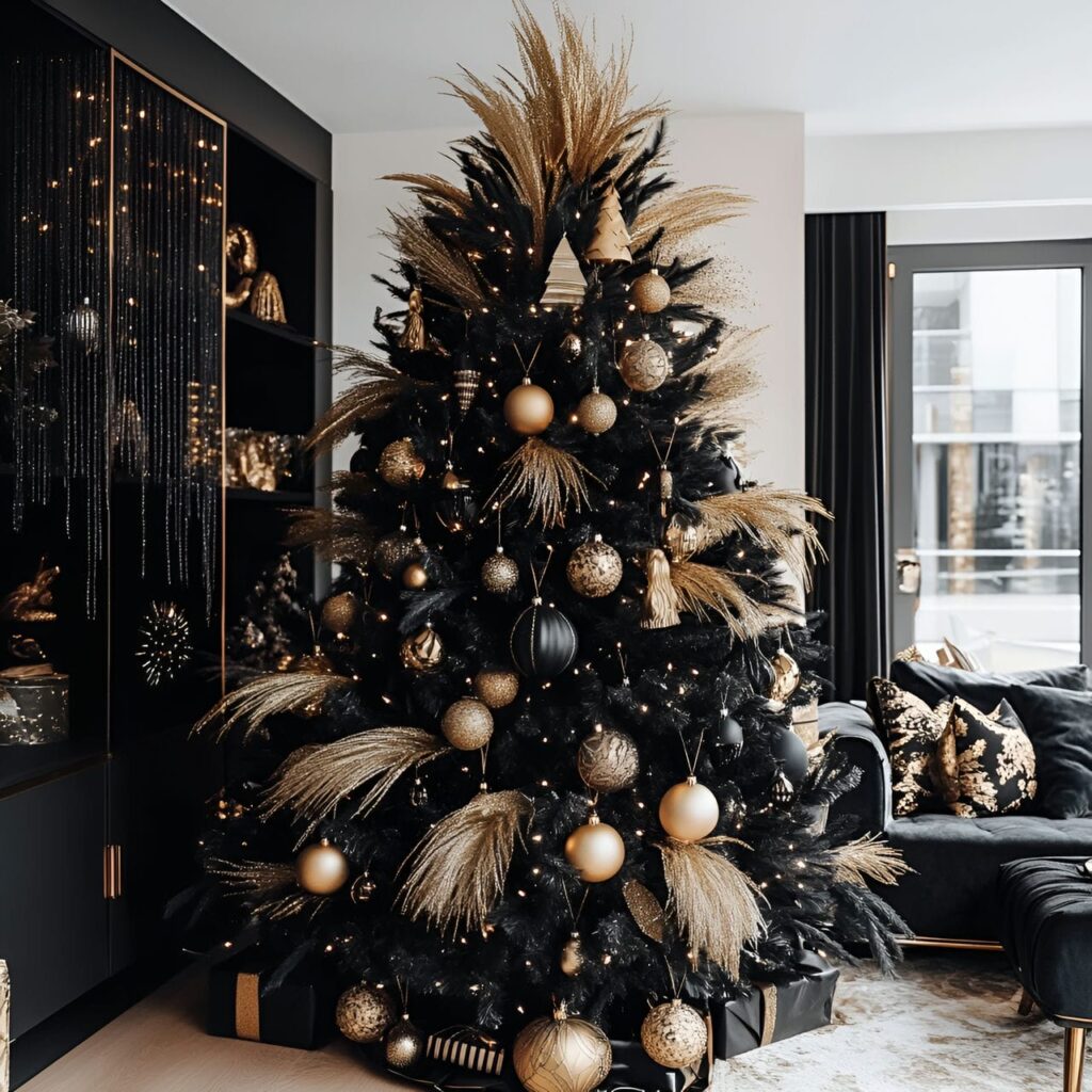 16. Gold & Black Glam Tree with Feathers for Drama