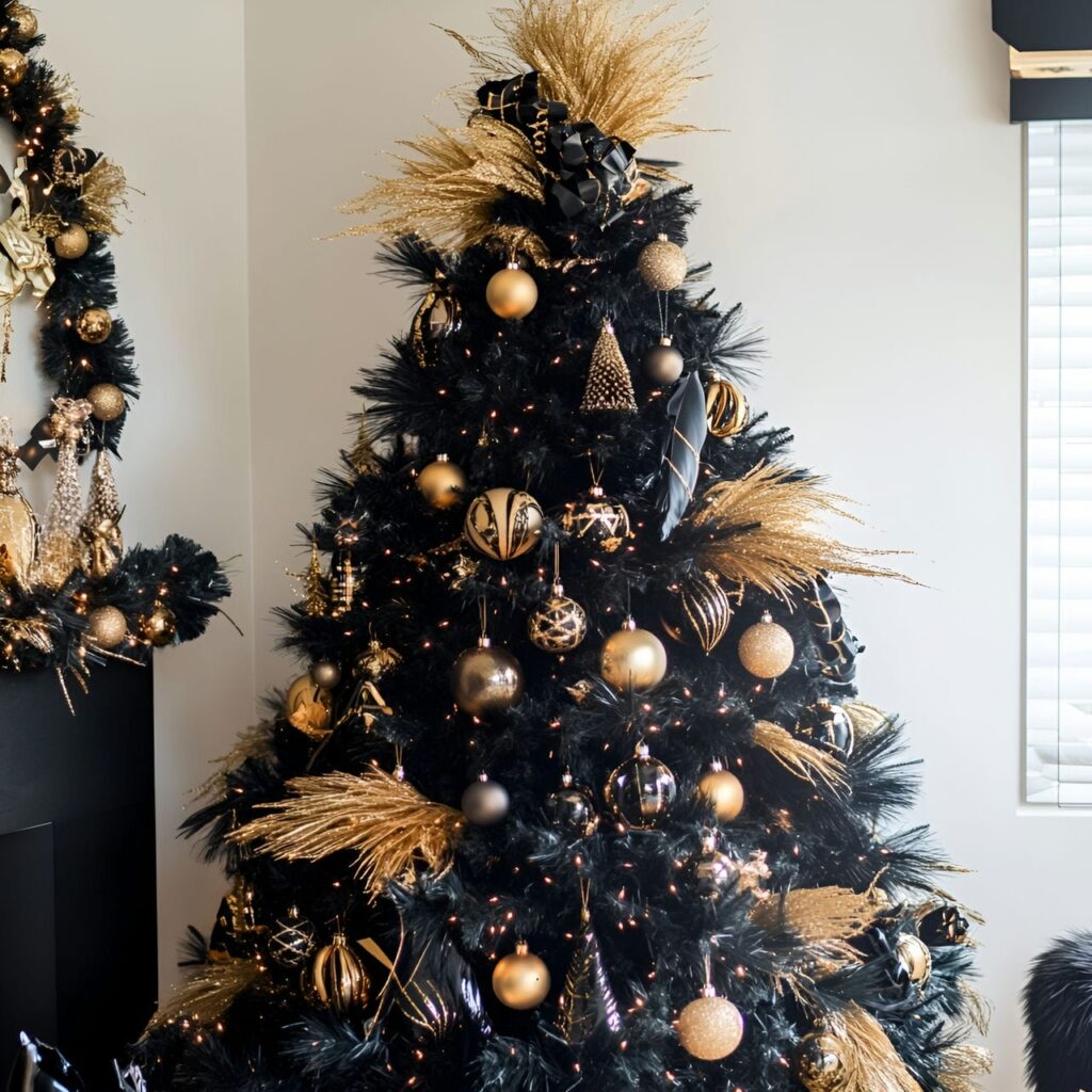 16. Gold & Black Glam Tree with Feathers for Drama