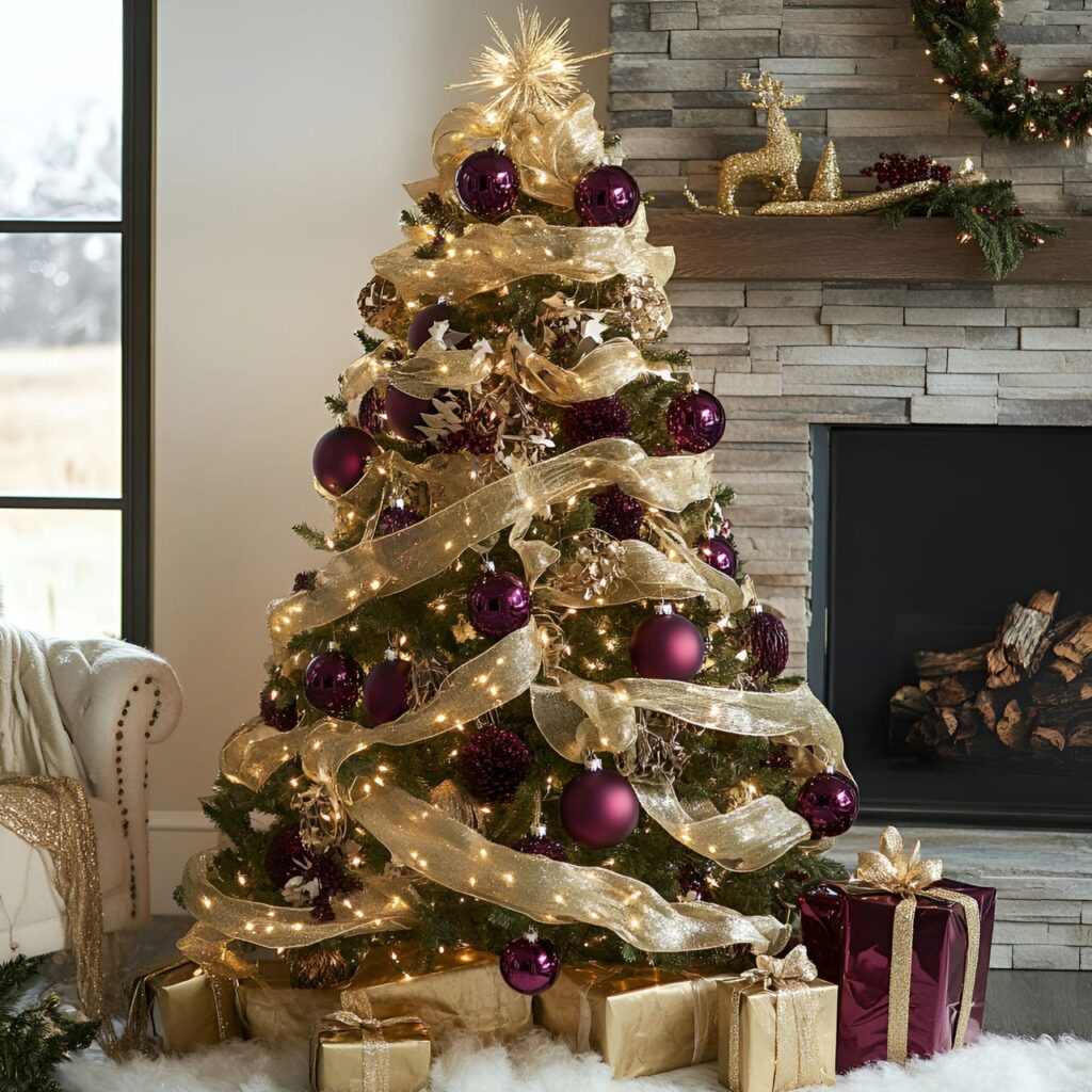 26. Glamorous Gold & Burgundy Tree with Warm Accents