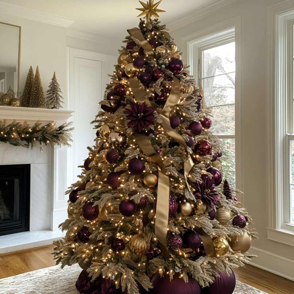 26. Glamorous Gold & Burgundy Tree with Warm Accents