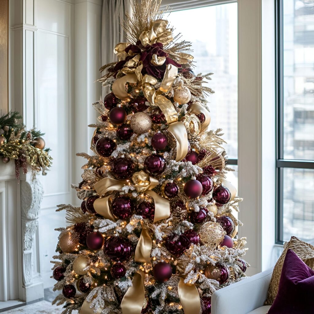 26. Glamorous Gold & Burgundy Tree with Warm Accents