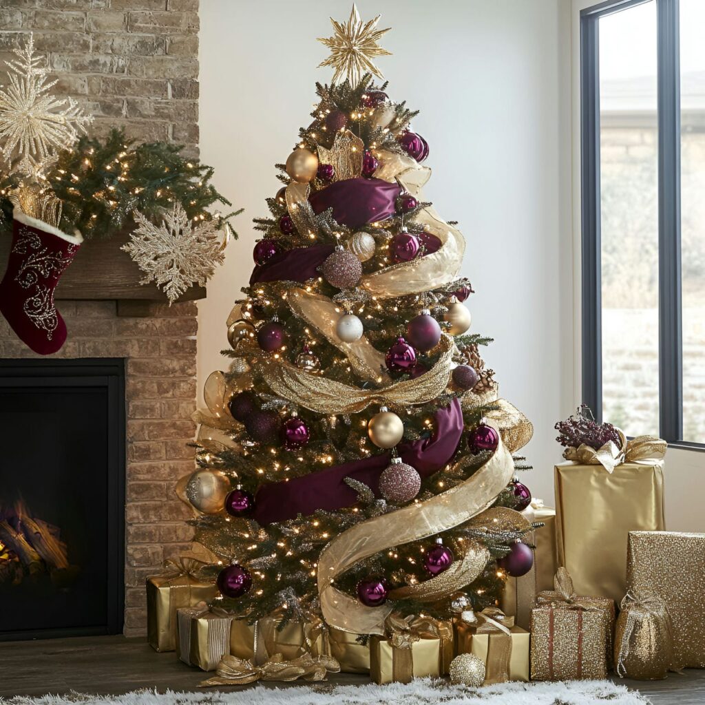 26. Glamorous Gold & Burgundy Tree with Warm Accents