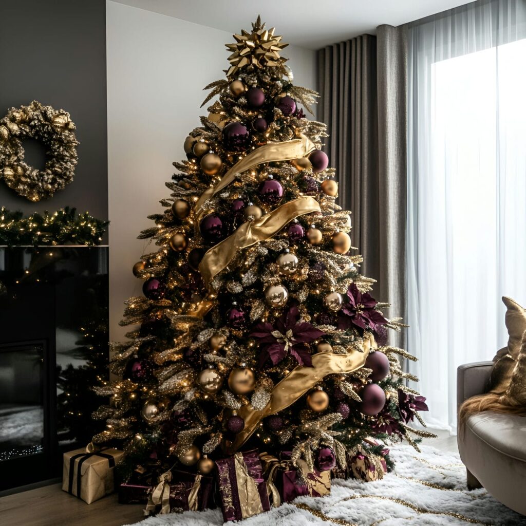 26. Glamorous Gold & Burgundy Tree with Warm Accents