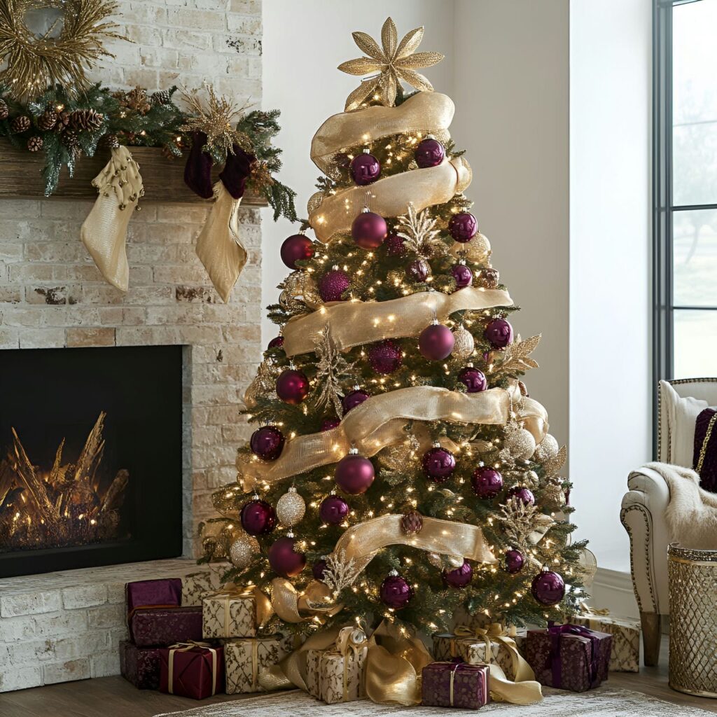 26. Glamorous Gold & Burgundy Tree with Warm Accents