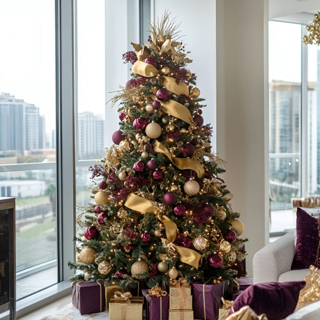 26. Glamorous Gold & Burgundy Tree with Warm Accents