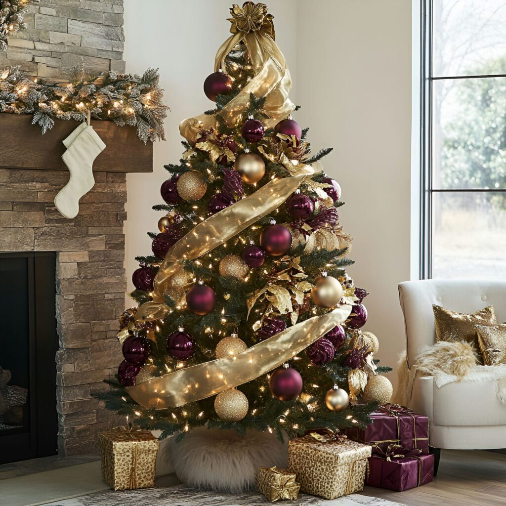 26. Glamorous Gold & Burgundy Tree with Warm Accents