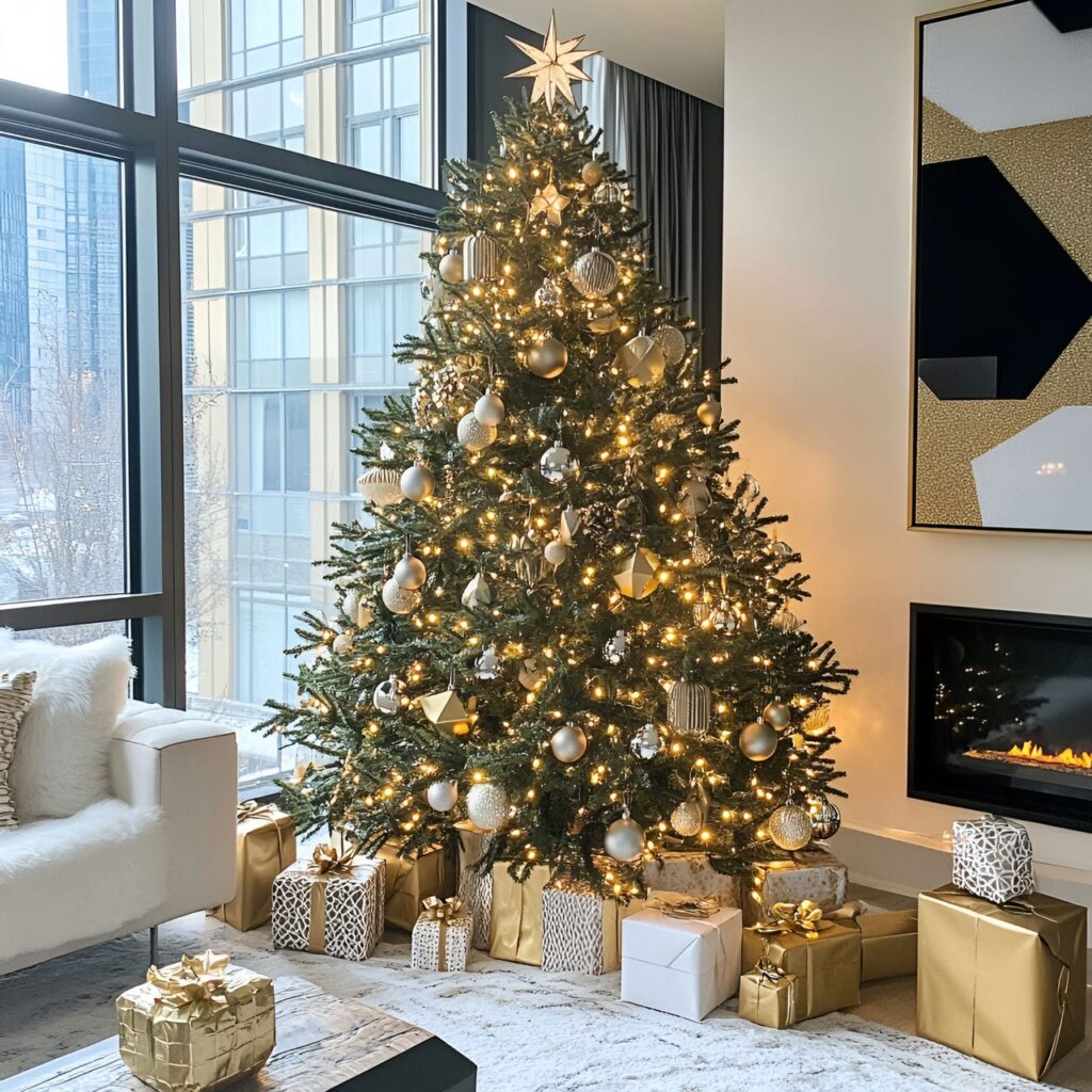 24. Gold & Glam Art Deco Tree with Geometric Ornaments