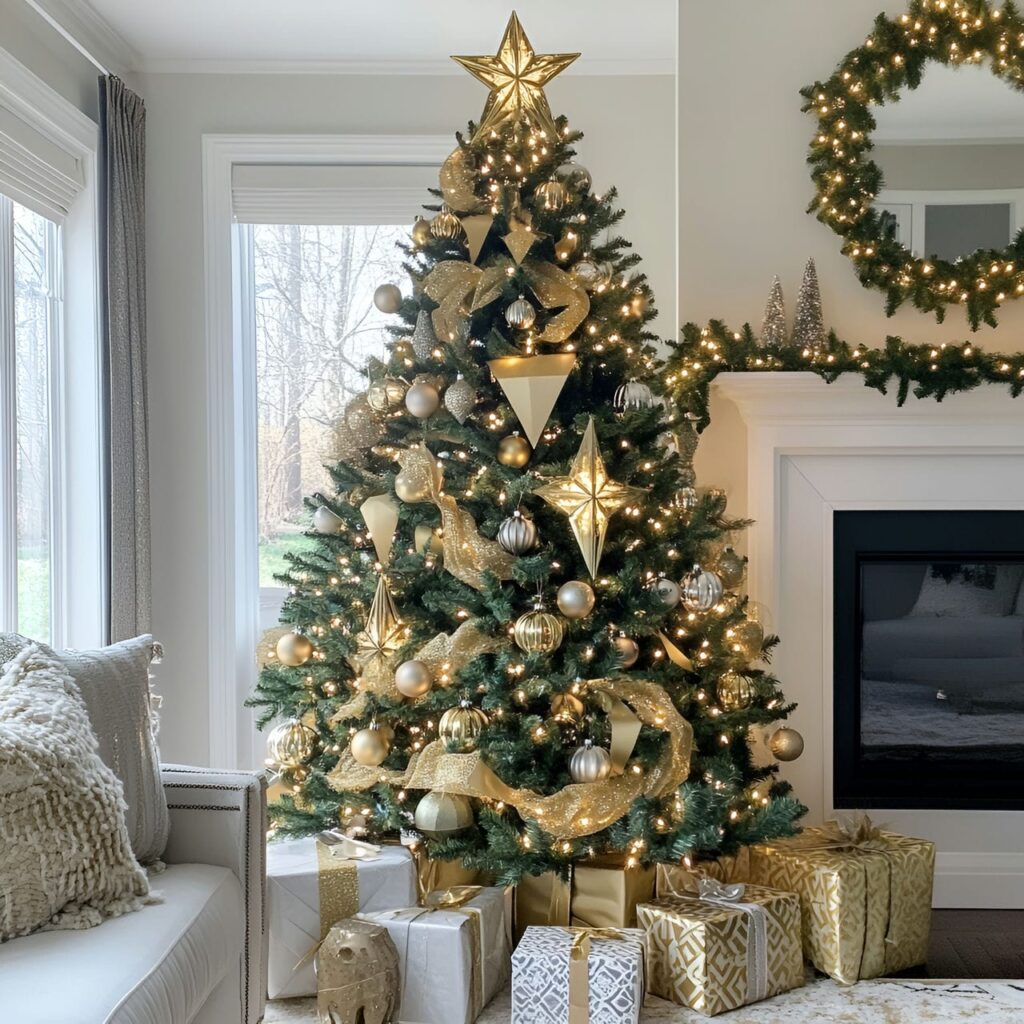 24. Gold & Glam Art Deco Tree with Geometric Ornaments