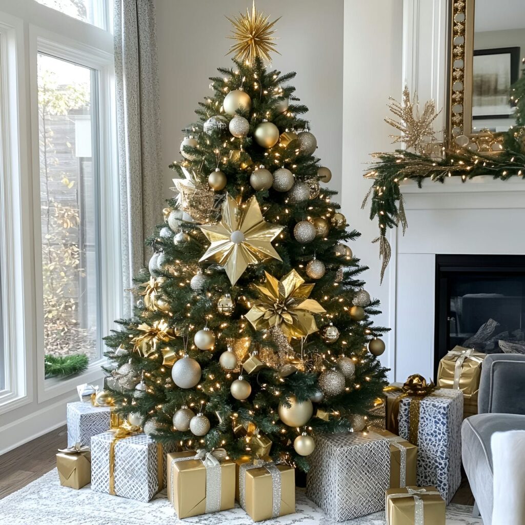 24. Gold & Glam Art Deco Tree with Geometric Ornaments