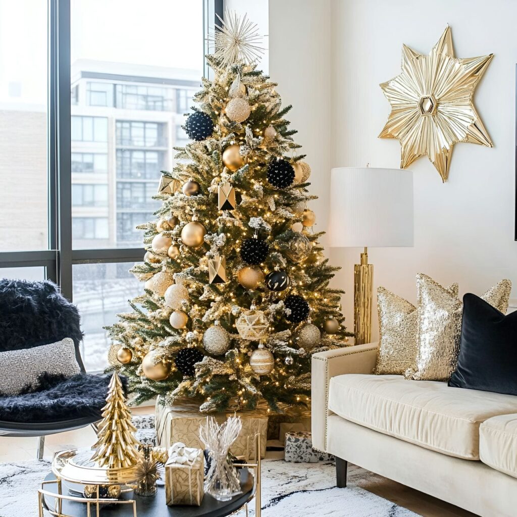 24. Gold & Glam Art Deco Tree with Geometric Ornaments