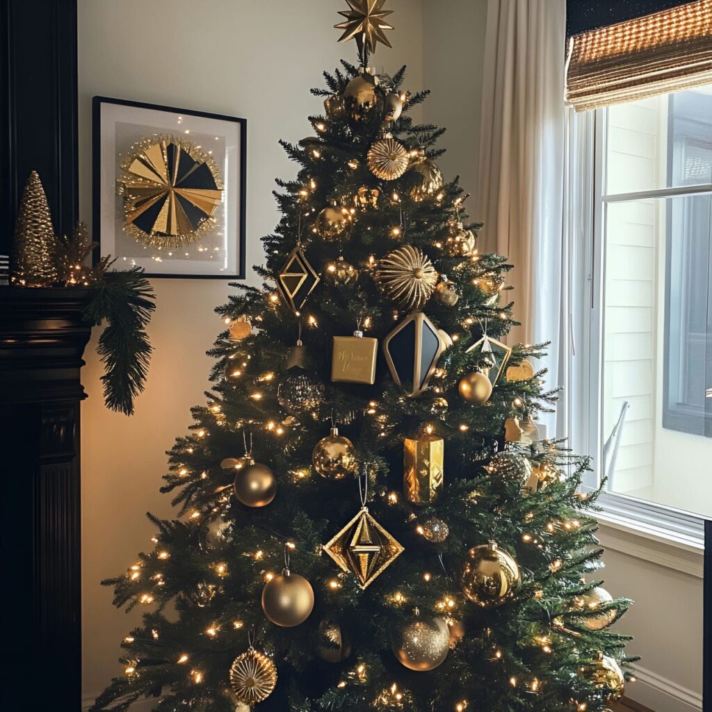 24. Gold & Glam Art Deco Tree with Geometric Ornaments