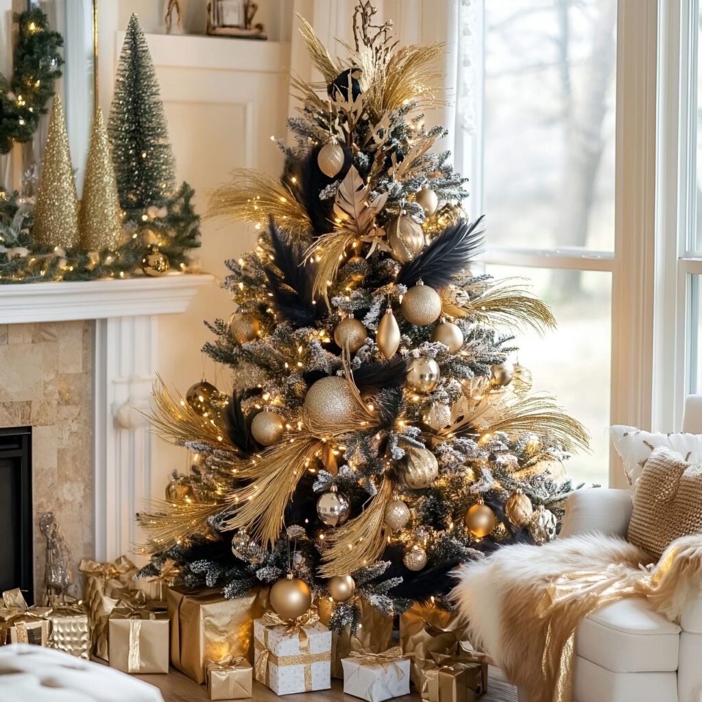 30. Gold & Glam Boho Christmas Tree with Unique Accents