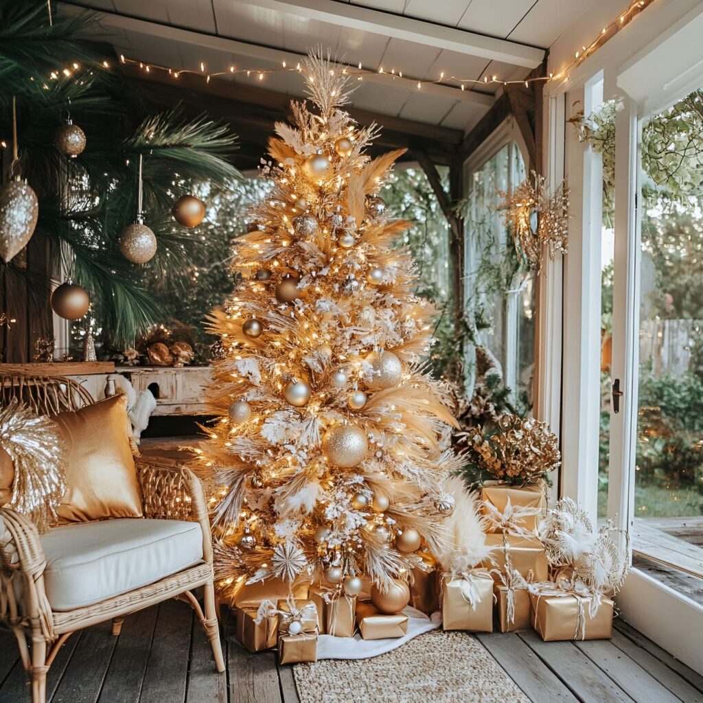 30. Gold & Glam Boho Christmas Tree with Unique Accents