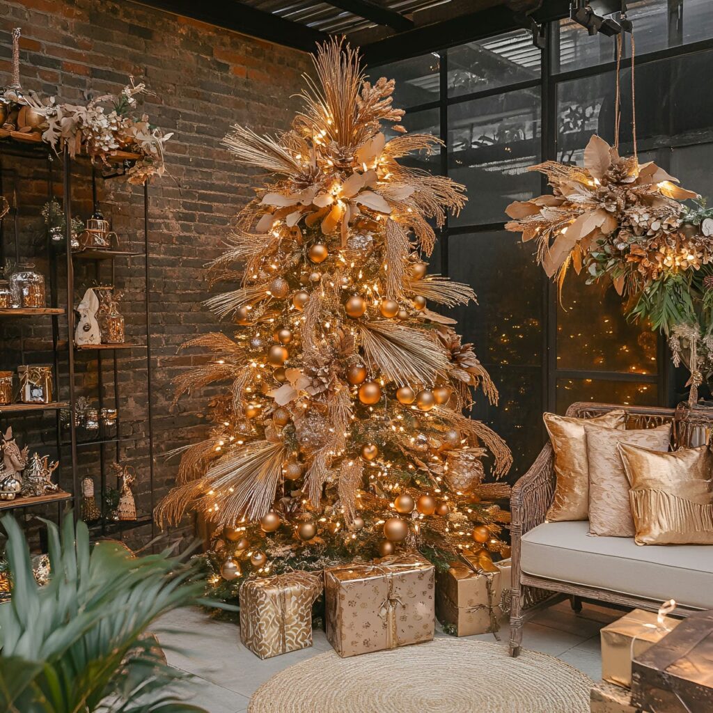 30. Gold & Glam Boho Christmas Tree with Unique Accents