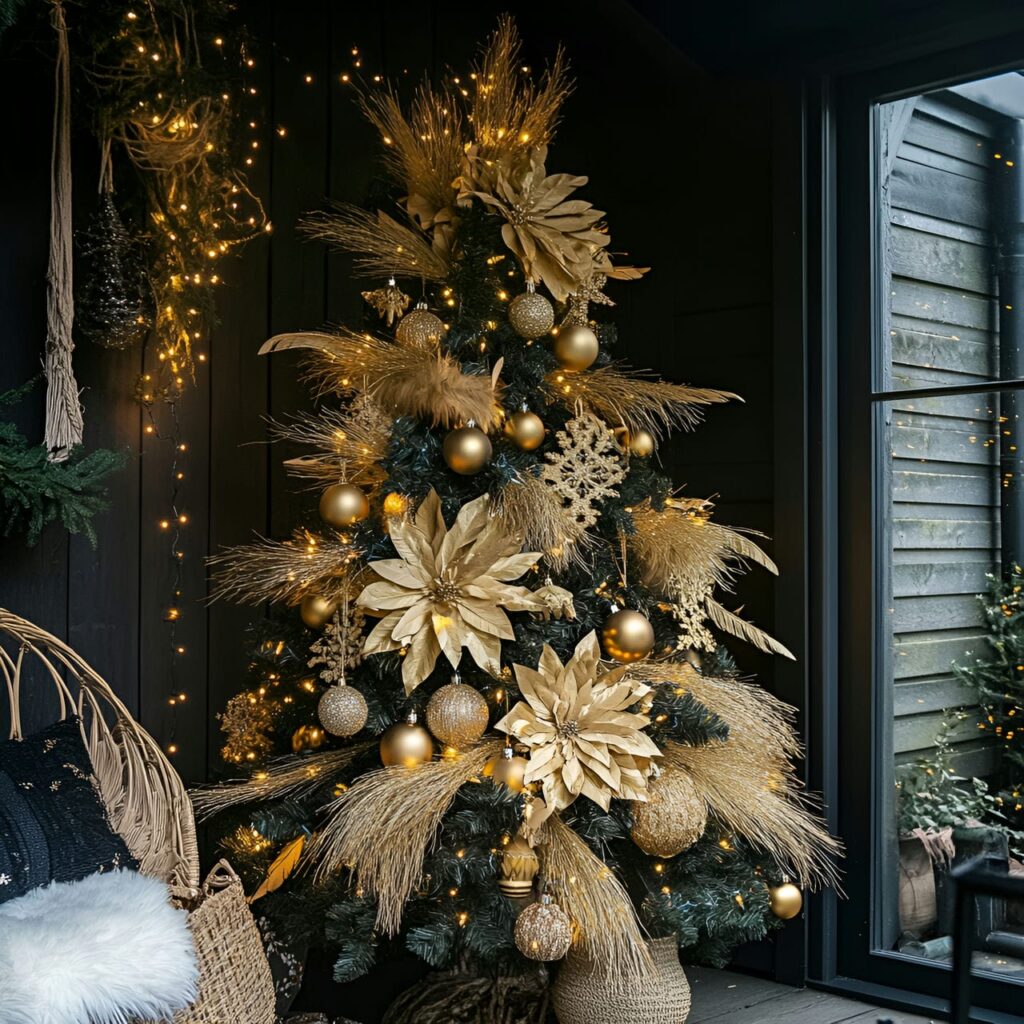 30. Gold & Glam Boho Christmas Tree with Unique Accents