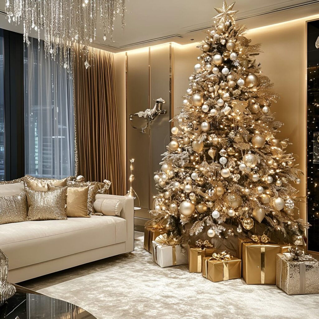 11. Gold & Glam Tree with Crystal Ornaments for Extra Sparkle