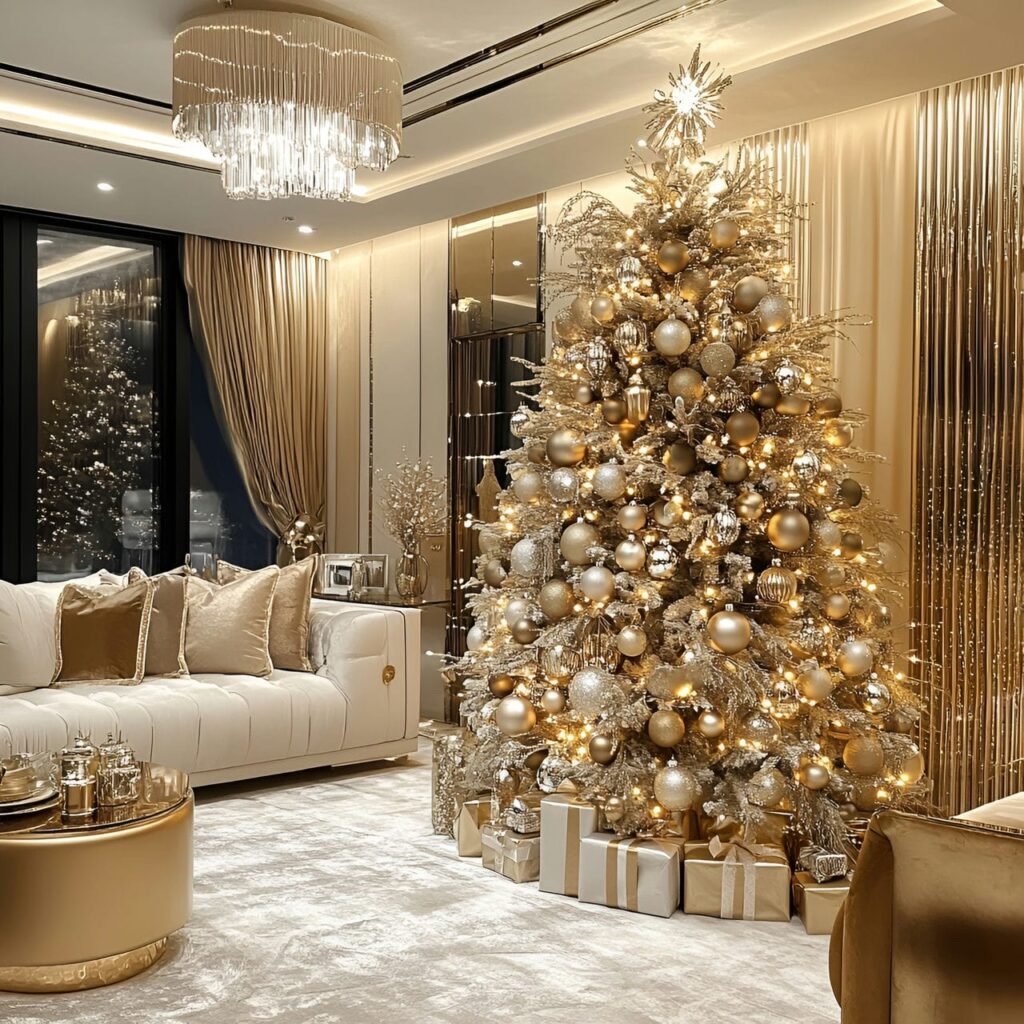 11. Gold & Glam Tree with Crystal Ornaments for Extra Sparkle