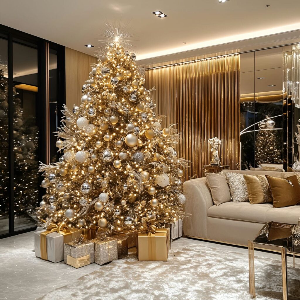 11. Gold & Glam Tree with Crystal Ornaments for Extra Sparkle