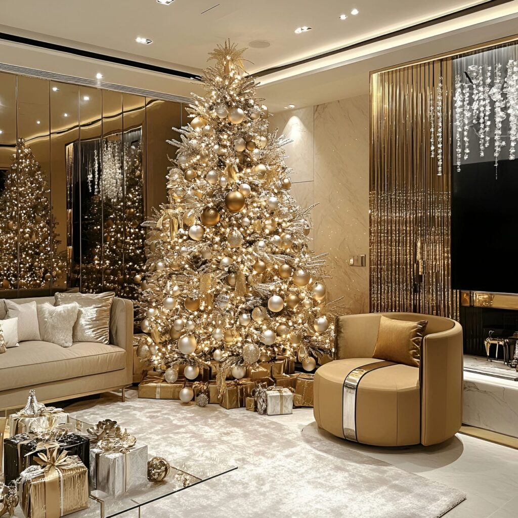 11. Gold & Glam Tree with Crystal Ornaments for Extra Sparkle