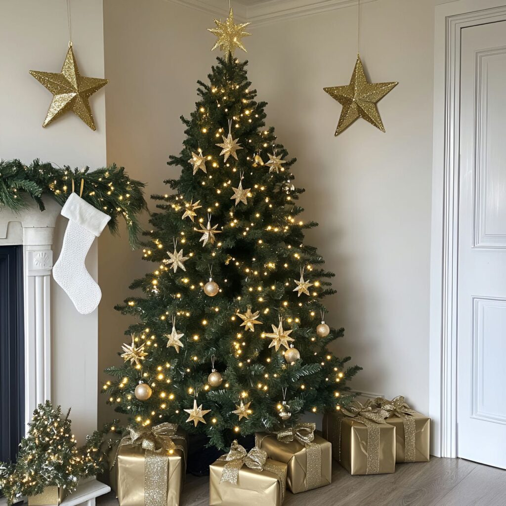 20. Gold Tree with Glittering Stars for Twinkling Effect