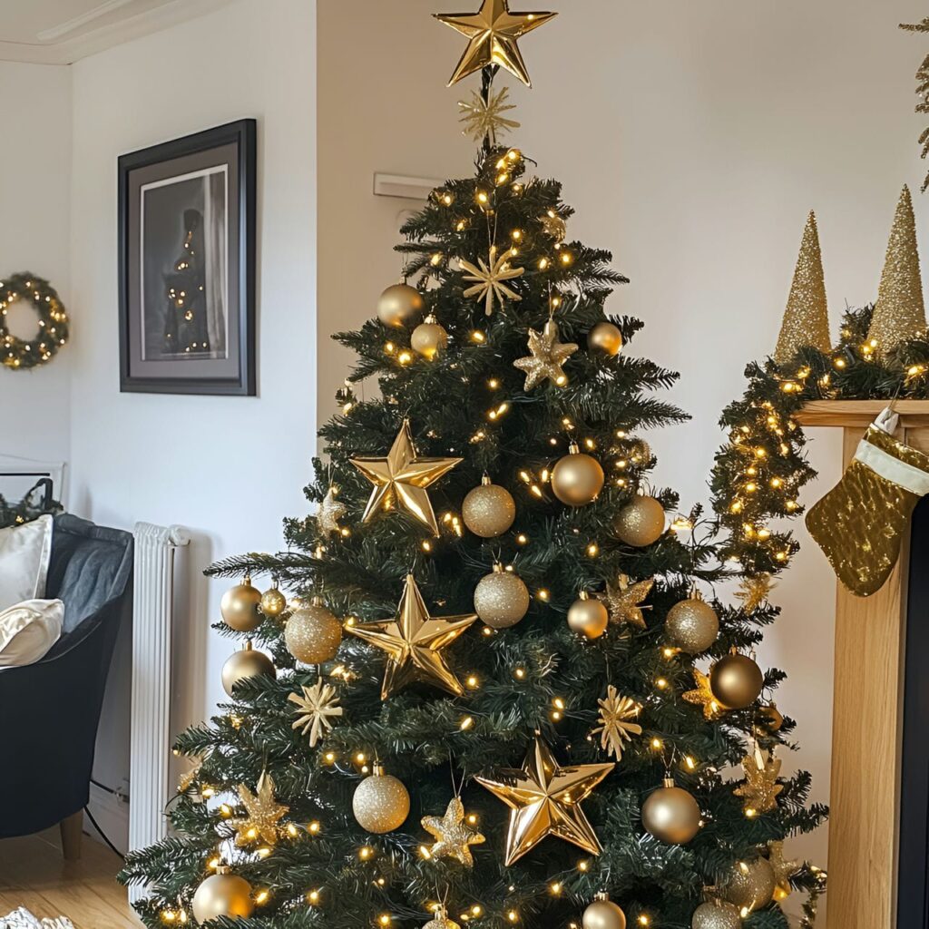 20. Gold Tree with Glittering Stars for Twinkling Effect