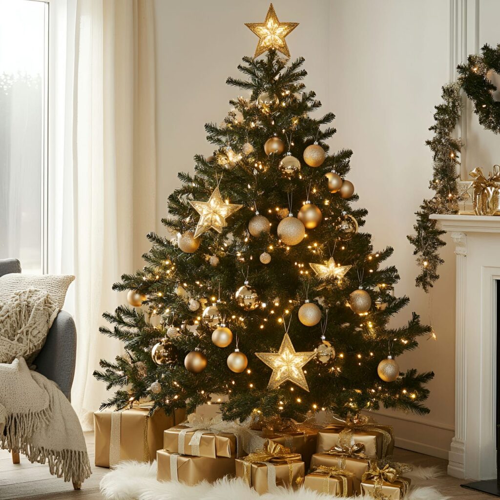 20. Gold Tree with Glittering Stars for Twinkling Effect