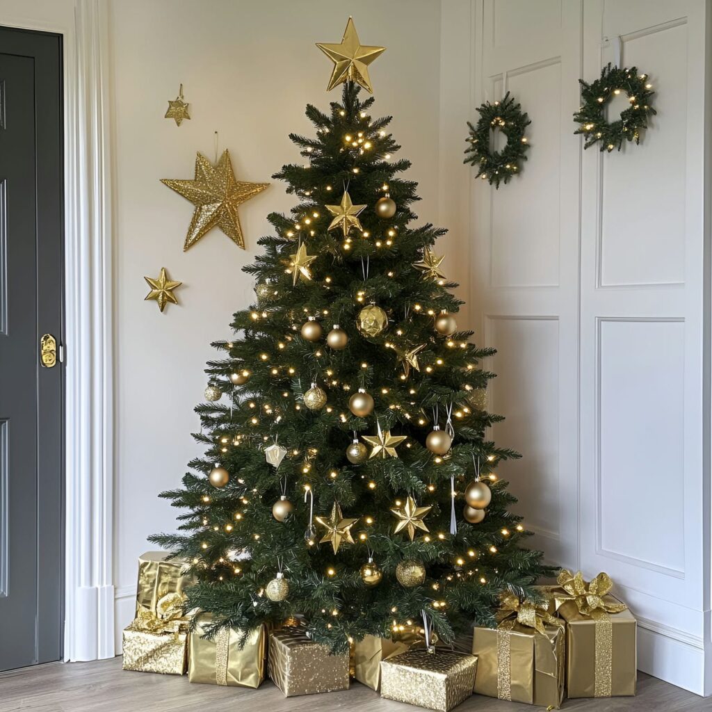 20. Gold Tree with Glittering Stars for Twinkling Effect