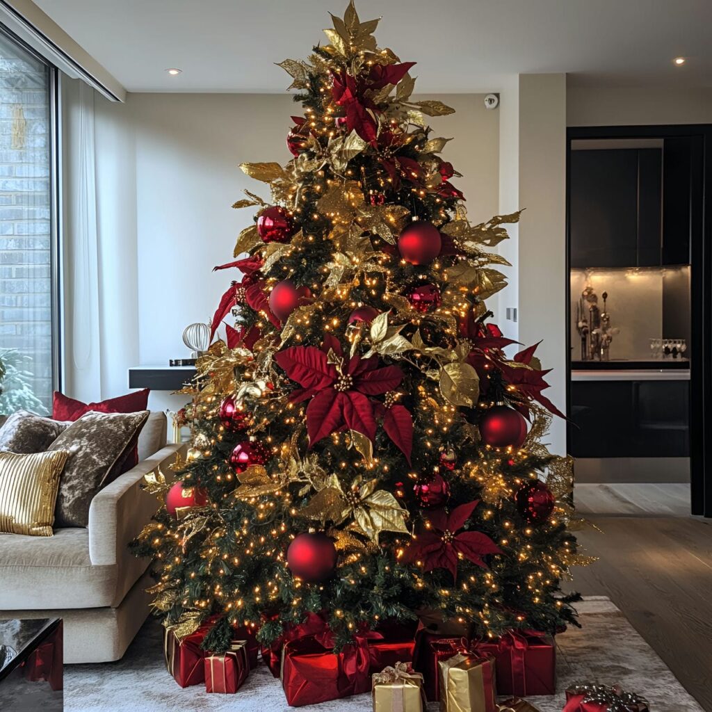 12. Gold & Red Glam Christmas Tree with Bold Festive Colors