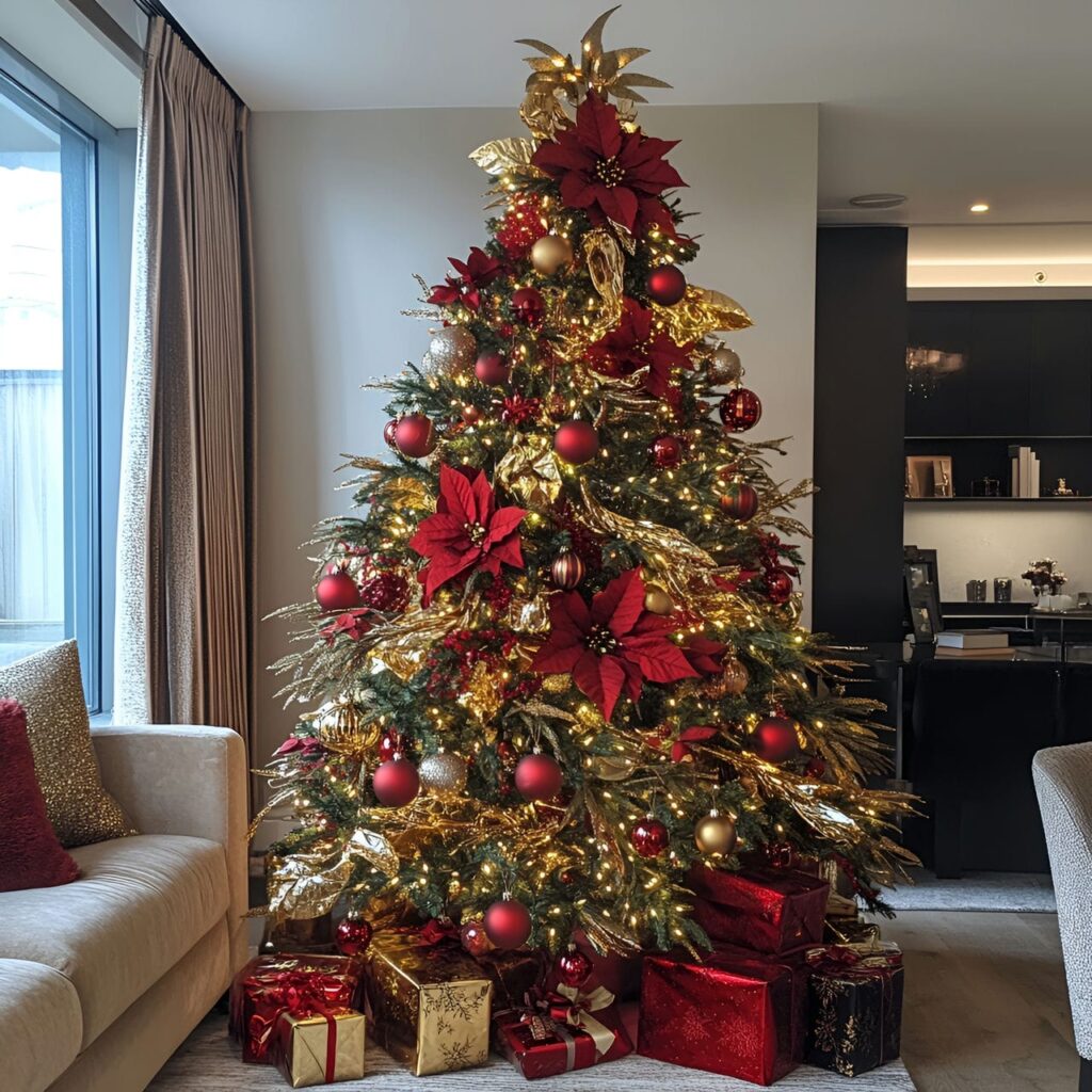 12. Gold & Red Glam Christmas Tree with Bold Festive Colors