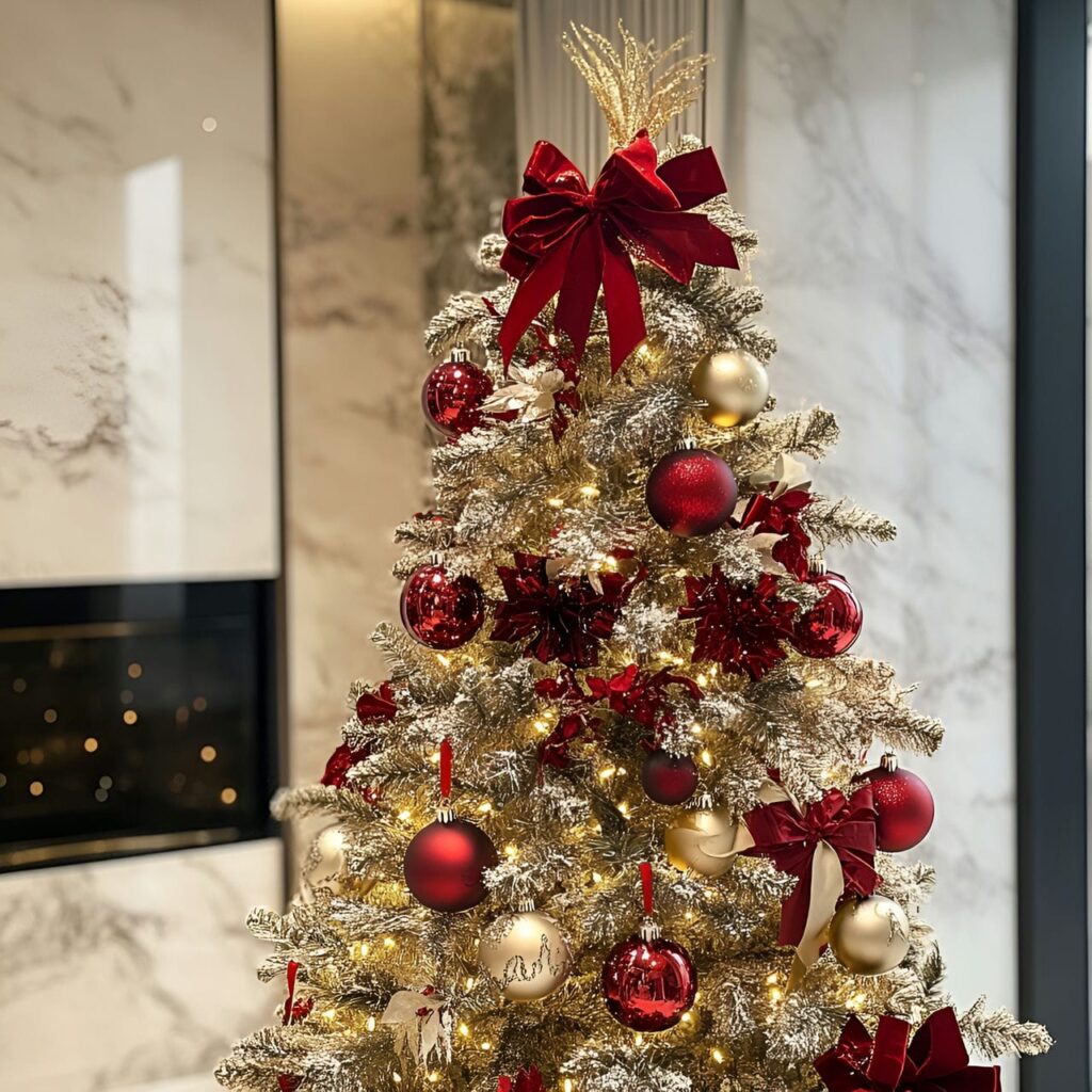 12. Gold & Red Glam Christmas Tree with Bold Festive Colors