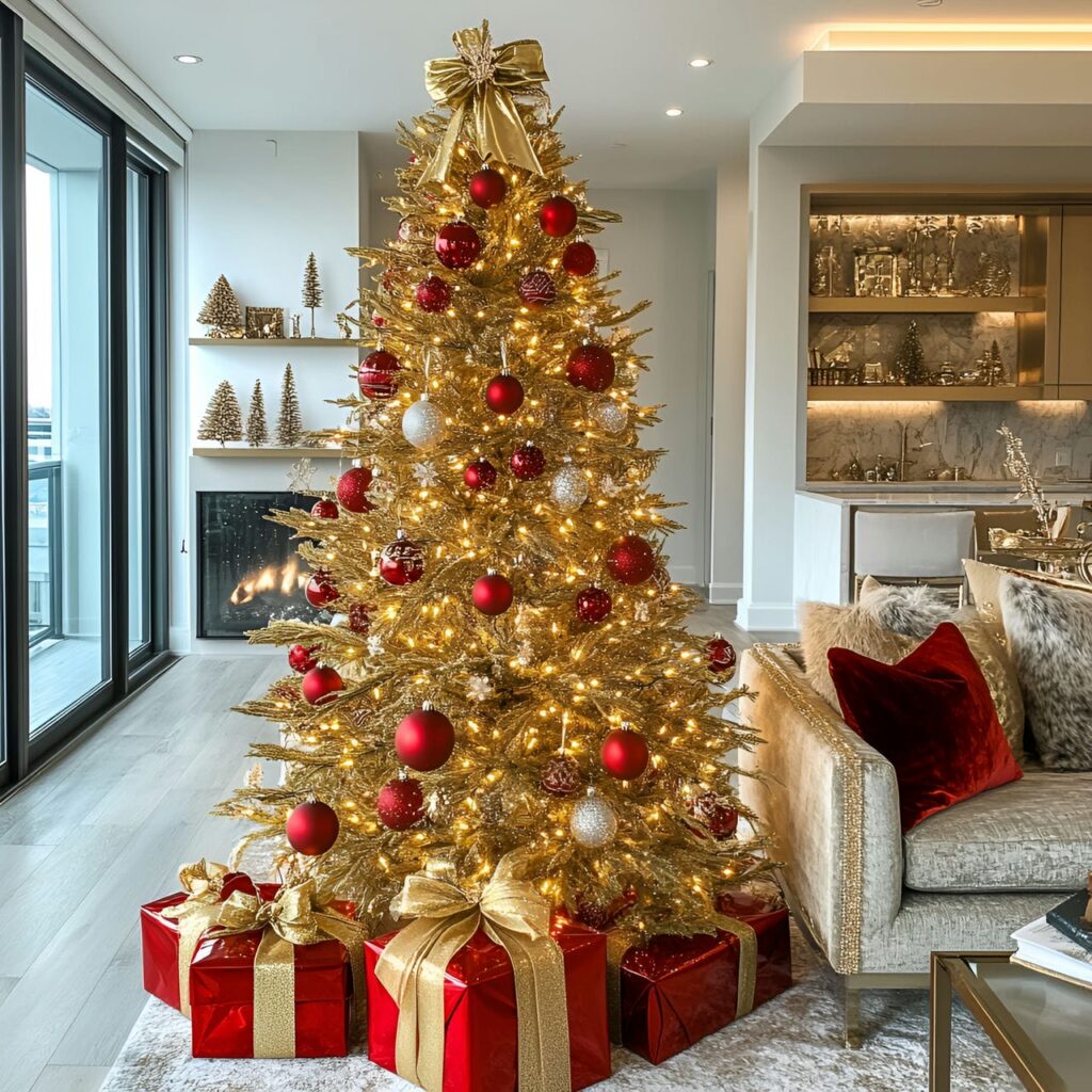 12. Gold & Red Glam Christmas Tree with Bold Festive Colors