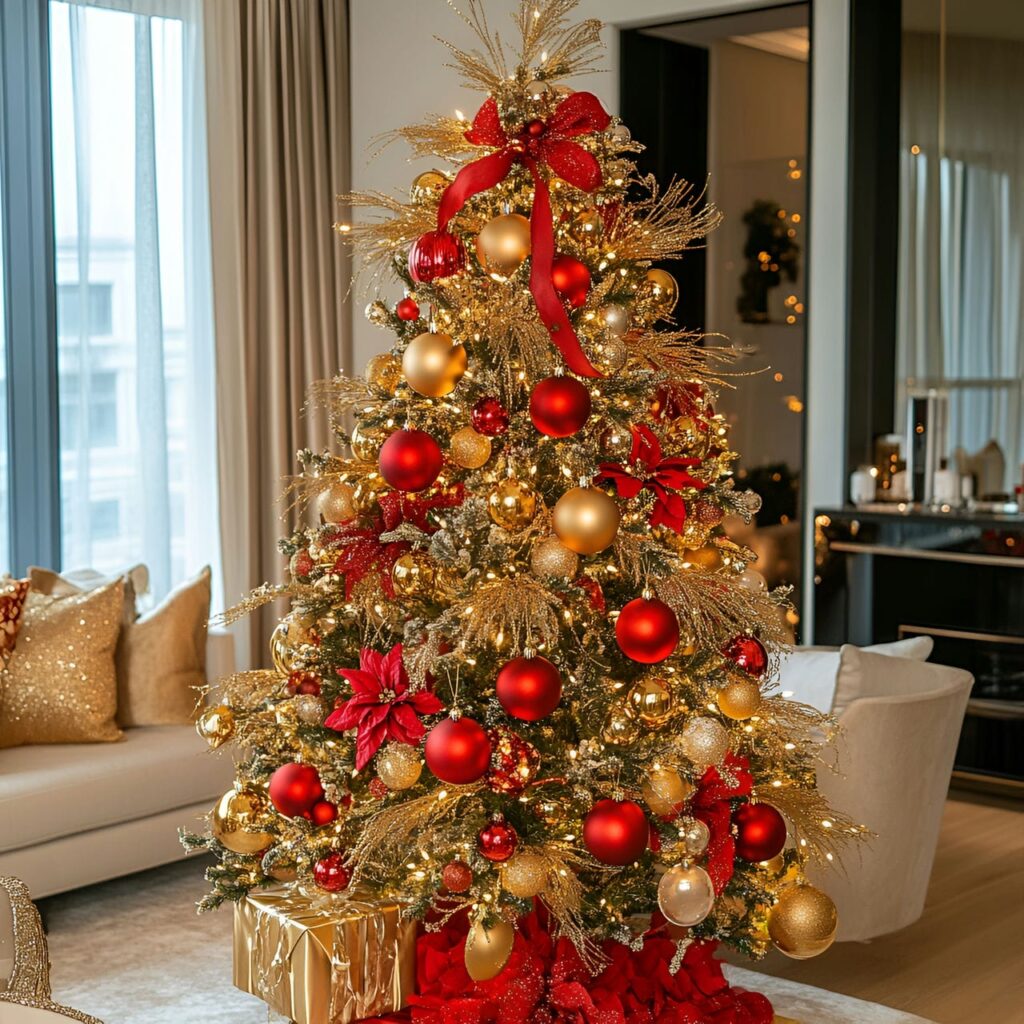 12. Gold & Red Glam Christmas Tree with Bold Festive Colors