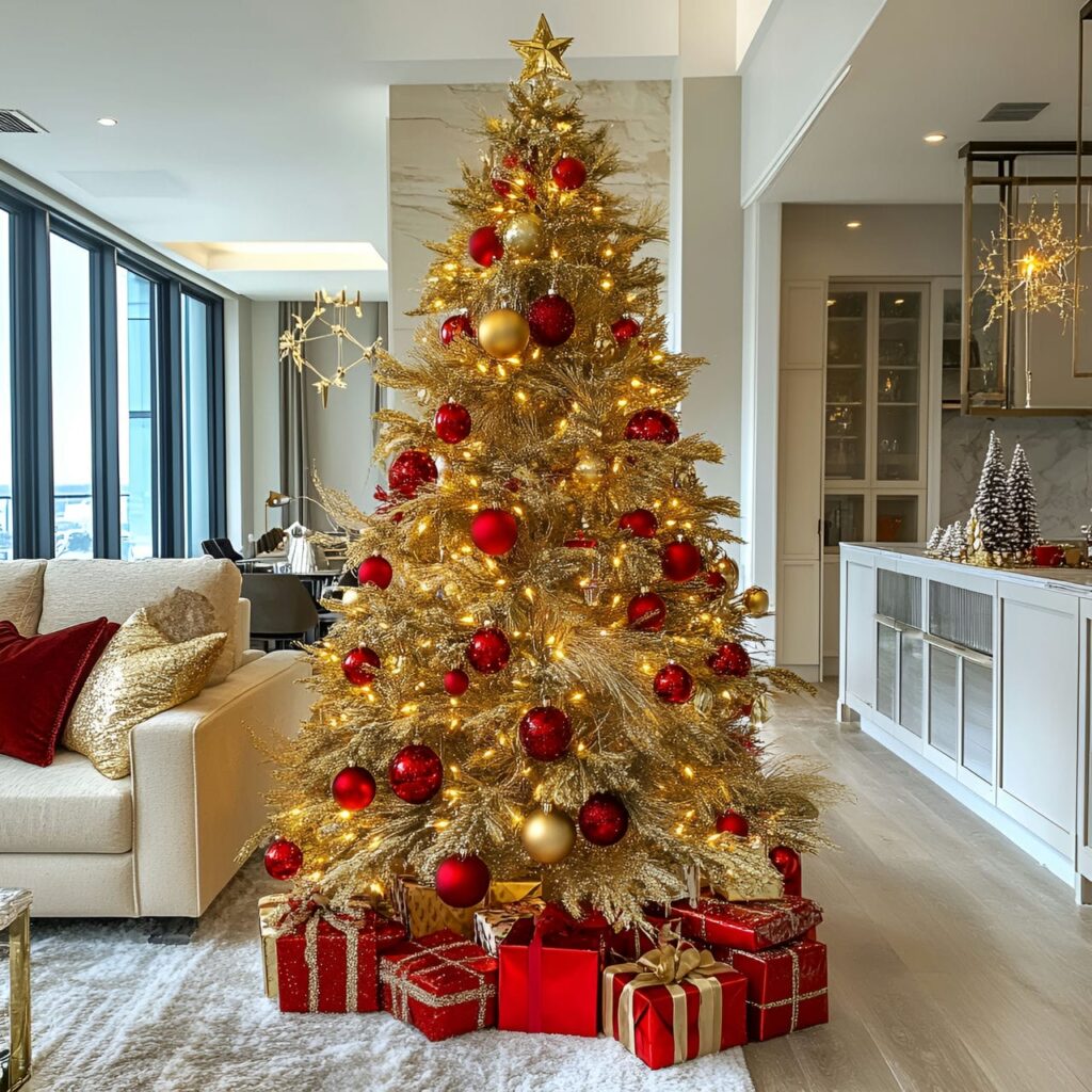 12. Gold & Red Glam Christmas Tree with Bold Festive Colors