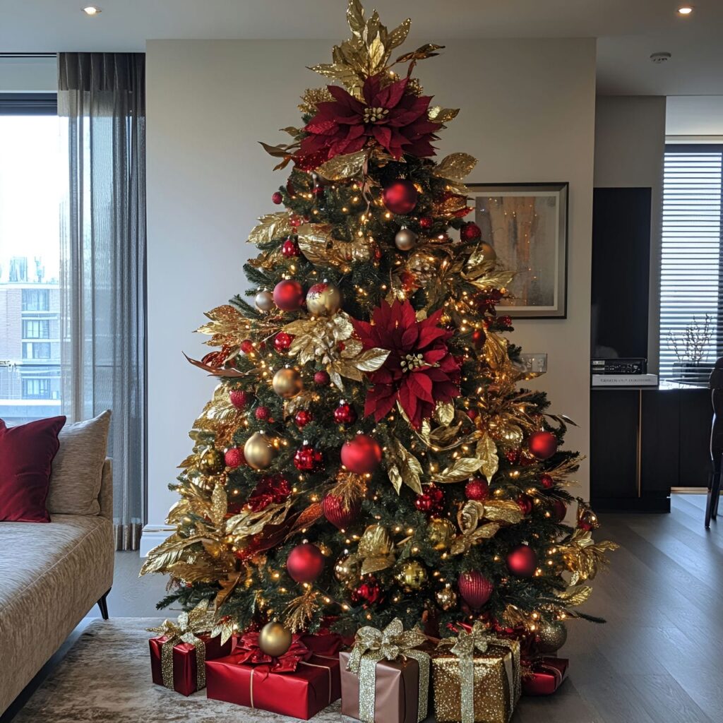 12. Gold & Red Glam Christmas Tree with Bold Festive Colors