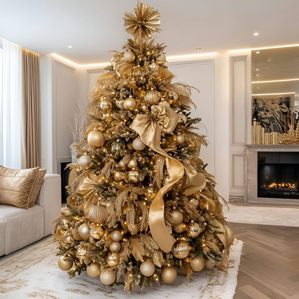 17. Gold Tree with Velvet Ribbons for Rich Texture