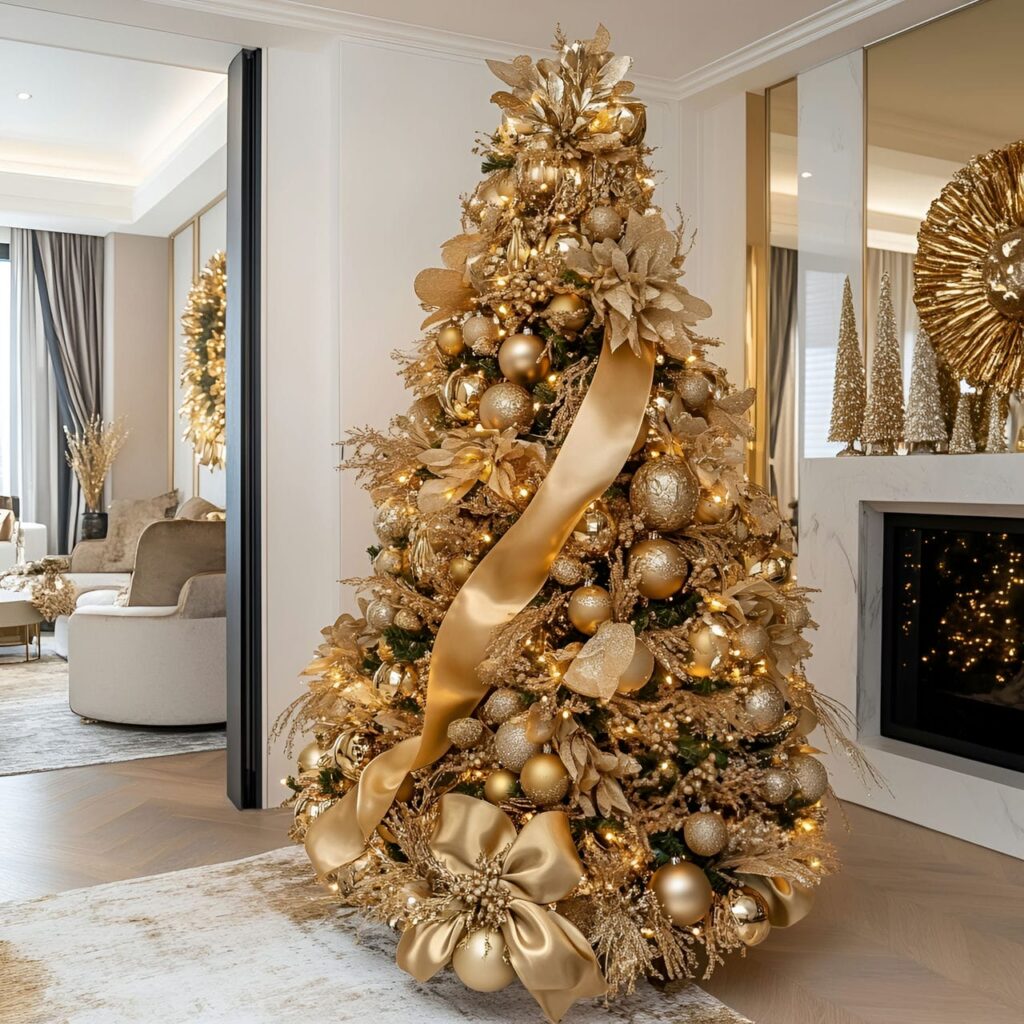 17. Gold Tree with Velvet Ribbons for Rich Texture