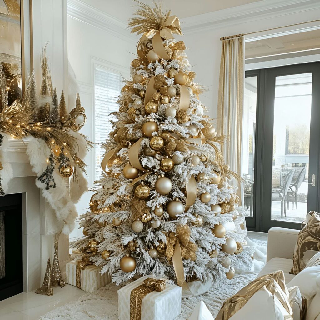 05. Gold & White Glam Christmas Tree with Elegant Contrast