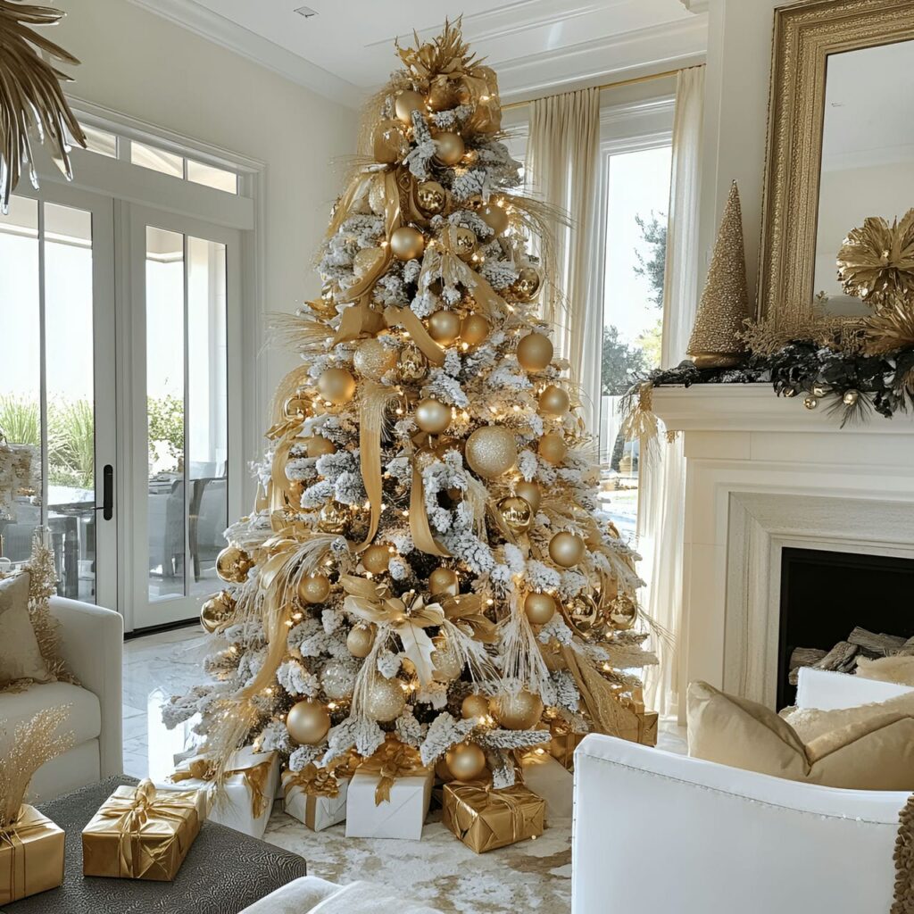 05. Gold & White Glam Christmas Tree with Elegant Contrast