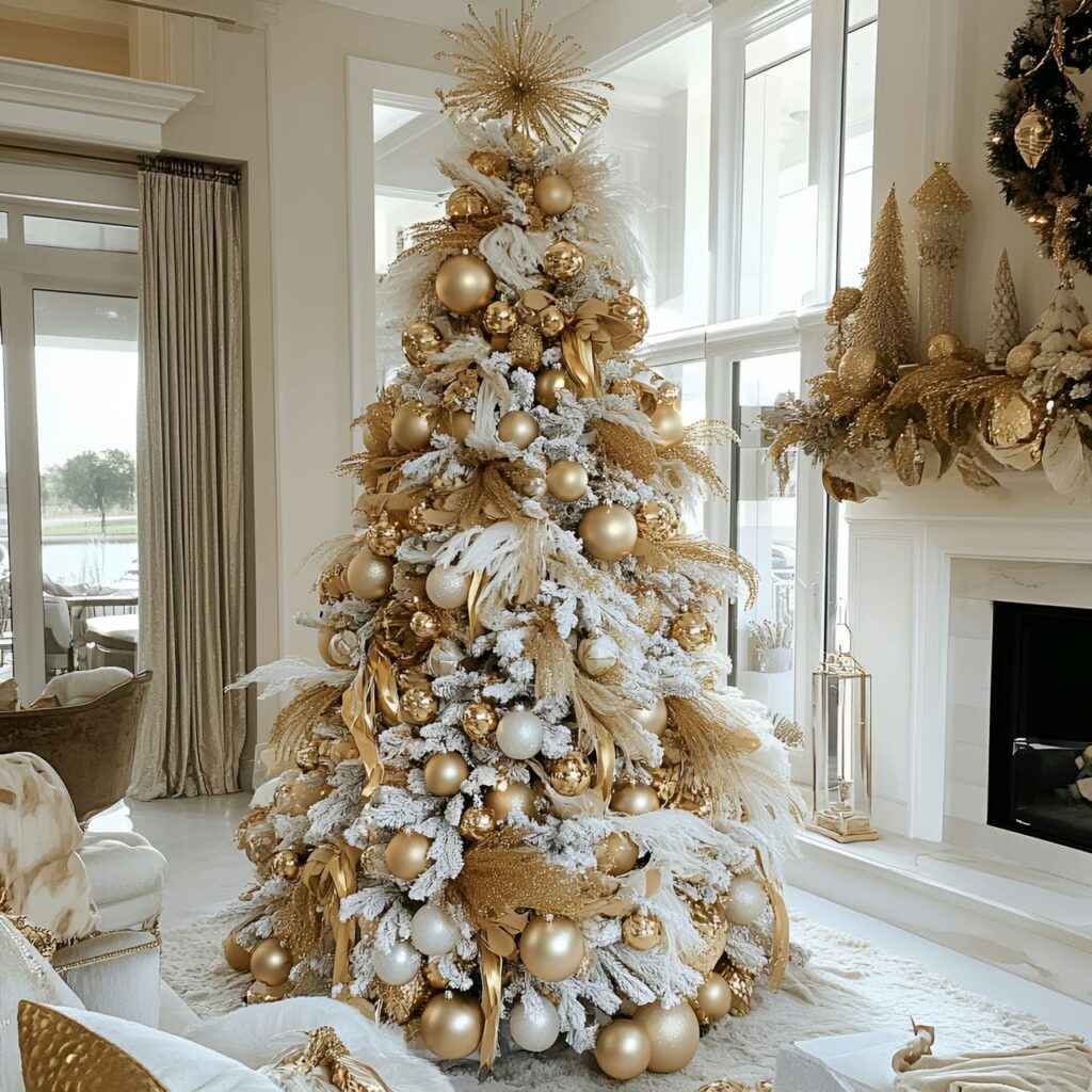 05. Gold & White Glam Christmas Tree with Elegant Contrast