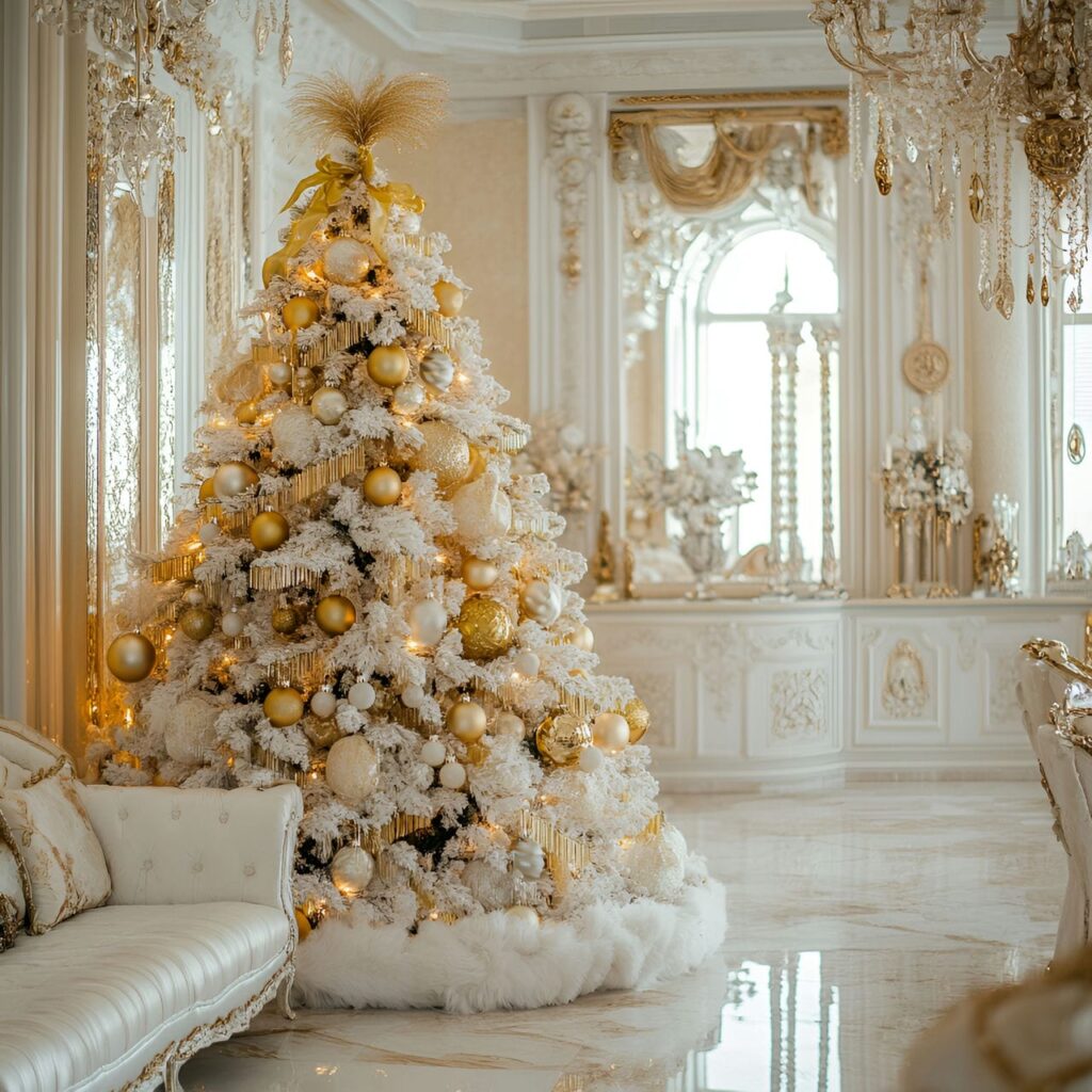 05. Gold & White Glam Christmas Tree with Elegant Contrast