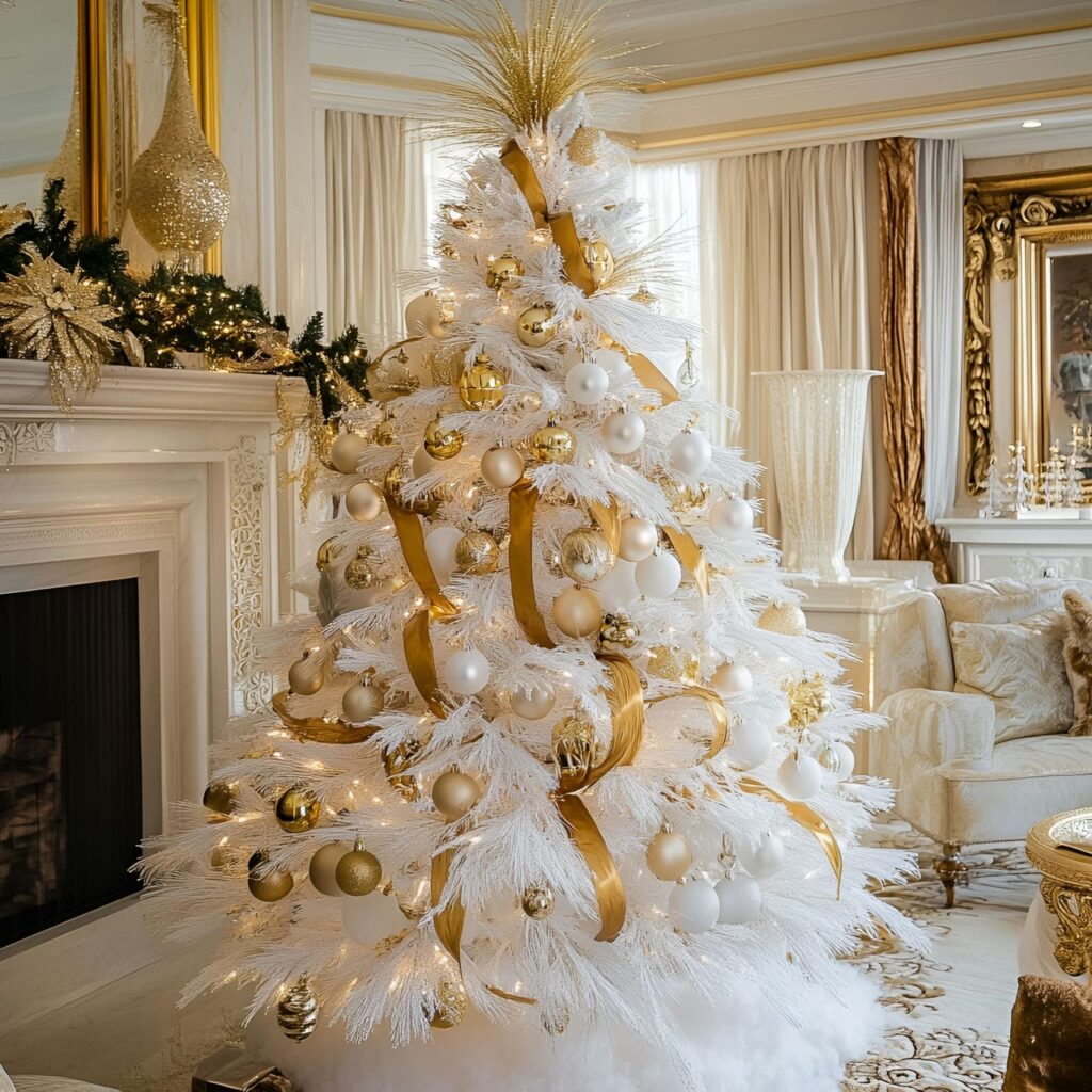 05. Gold & White Glam Christmas Tree with Elegant Contrast