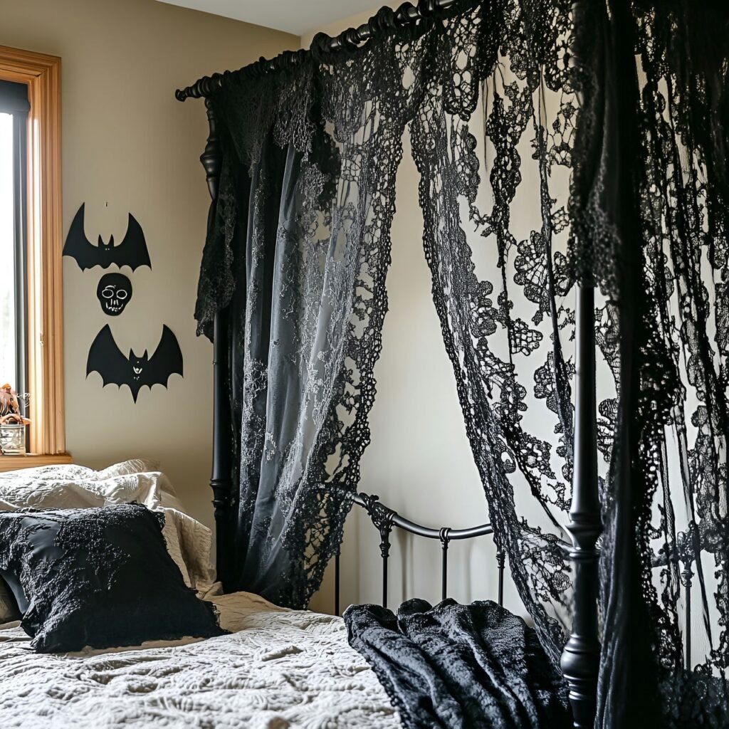 04. Gothic Black Lace Curtains with Subtle Halloween Motifs