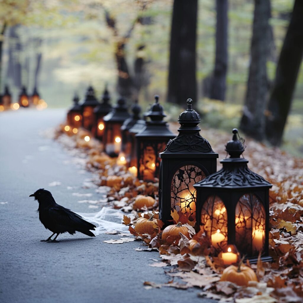 03. Gothic Lantern Driveway Path with Faux Cobwebs and Leaves