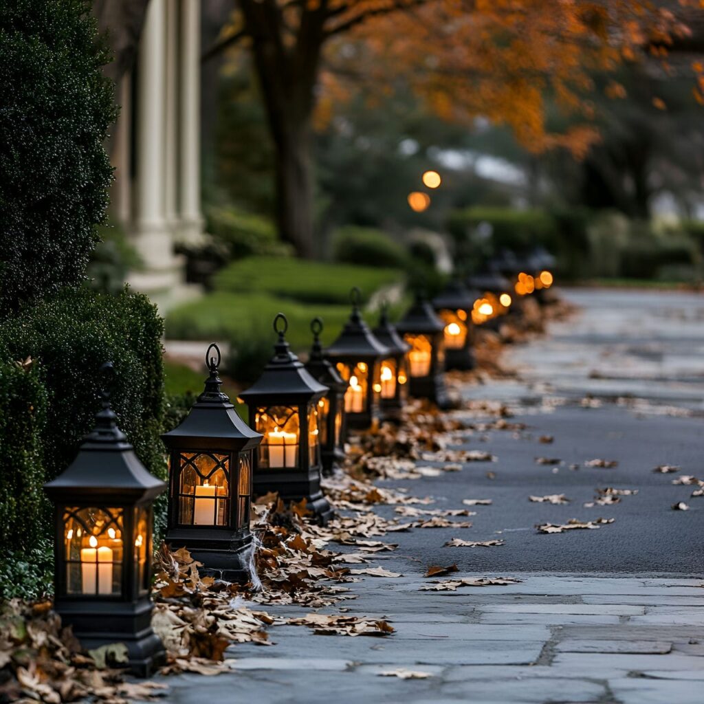 03. Gothic Lantern Driveway Path with Faux Cobwebs and Leaves