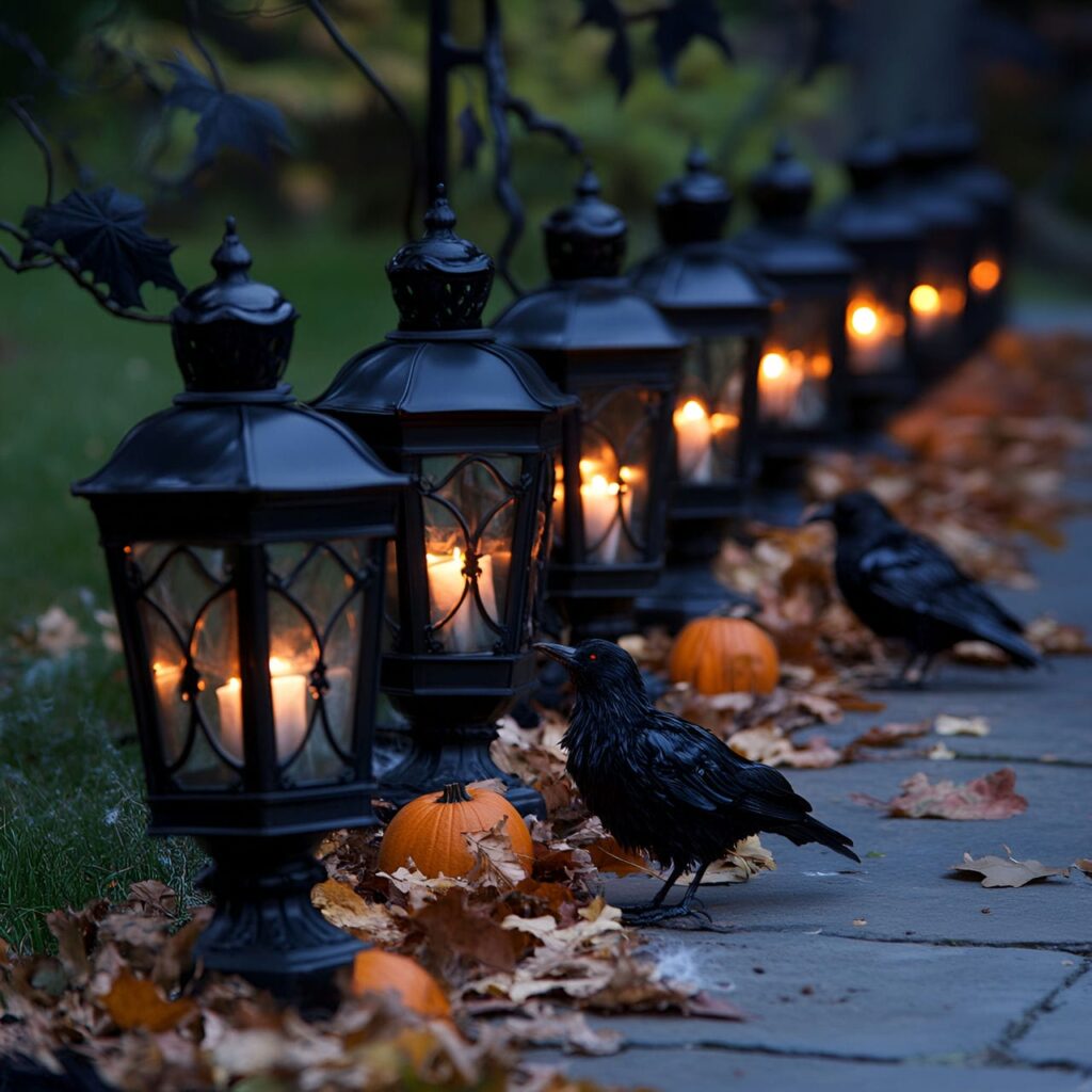 03. Gothic Lantern Driveway Path with Faux Cobwebs and Leaves