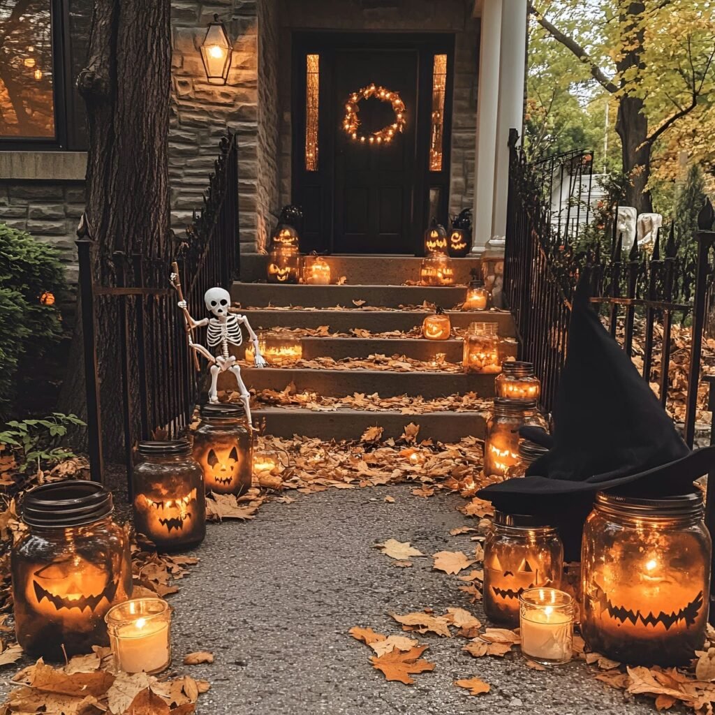 01. Halloween Lantern Pathway with Repurposed Jar Lanterns